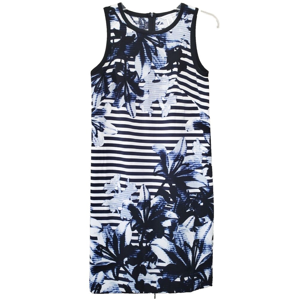 London Times Blue Floral with Stripes Print Sleeveless Shift Dress Size 4